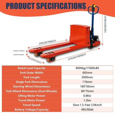 Ultra Heavy Duty Electric Pallet Jack Truck With Massive 17600 Lb Capacity Rock Solid Steel Frame And Lithium Battery Power For Warehouse Work, product specifications displayed.