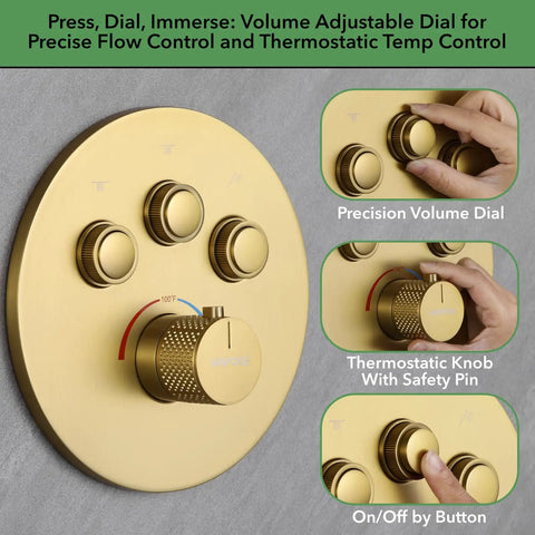 Super Sleek Thermostatic Shower System In Brushed Gold With Push Button Diverter For Smooth Temp Control No Drama Setup Straight Fire Look For A Total Bathroom Glow Up