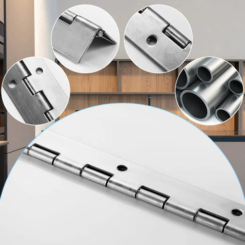 Hella Durable 12 Inch Piano Hinges Two Pack Stainless Steel Continuous Hinge close-up view showing pre drilled holes and hinge detail.