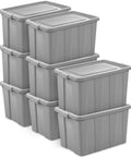 Tough As Nails 30 Gallon Storage Bins With Secure Lids Heavy Duty Plastic Totes Set Of 8 stacked gray containers for organization.
