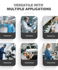 Six images showing applications of Ultra Soft 9x9 Cleanroom Wipes 50 Count 100 Polyester Microfiber in various industries