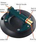 Close-up of 9 Inch Glass Suction Cup Lifter For Granite And Glass Heavy Duty Vacuum Lifter with metal handle and brass pump details.