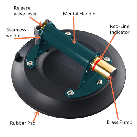 Close-up of 9 Inch Glass Suction Cup Lifter For Granite And Glass Heavy Duty Vacuum Lifter with metal handle and brass pump details.