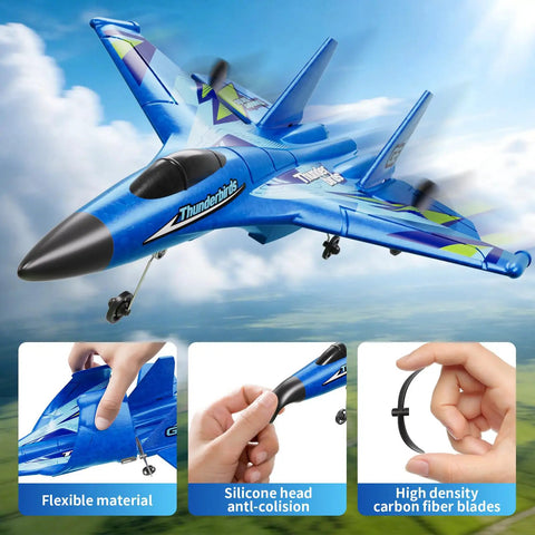 RC Plane For Kids And Adults Easy To Fly With Gyro Stabilizer 2.4GHz Remote Control Aircraft Jet showing flexible material