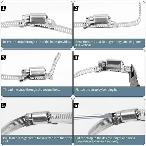 Durable 304 Stainless Steel Hose Clamp Assortment Kit With Adjustable Worm Gear Band Strapping For Reliable Mechanical Grip And Rigid Core Construction That Holds Firm Under Pressure Without Slipping, 6-step close-up