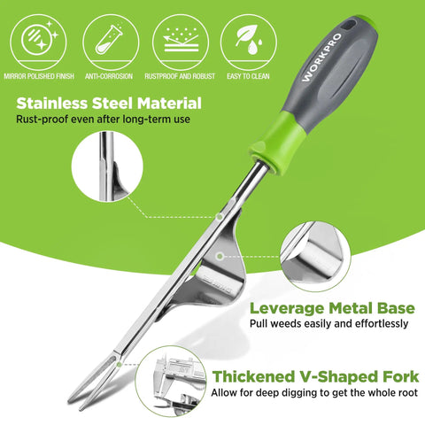Weed Puller Tool With Metal Leverage Base And V Shaped Fork For Easy Weed Removal And Deep Root Digging Heavy Duty Stainless Steel