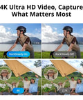 Side-by-side comparison of 4K Ultra HD video with RockSteady on and off at a picnic, highlighting clarity and stabilization features.