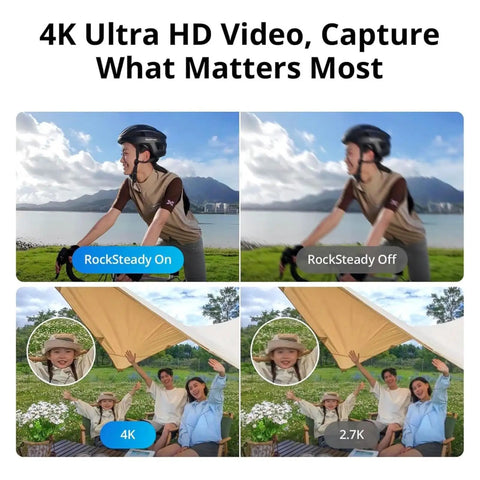 Side-by-side comparison of 4K Ultra HD video with RockSteady on and off at a picnic, highlighting clarity and stabilization features.