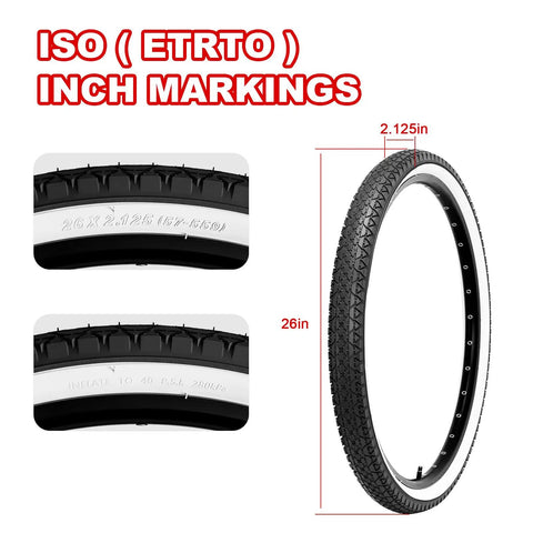 2 Pack 26 By 2Point125 Inch Folding Bicycle Tires With 26 Inch Inner Tubes And Tire Levers Included For Beach Cruiser Urban City Commuter Bikes White Wall Black Replacement Set Built To Last showing tire with ISO markings.