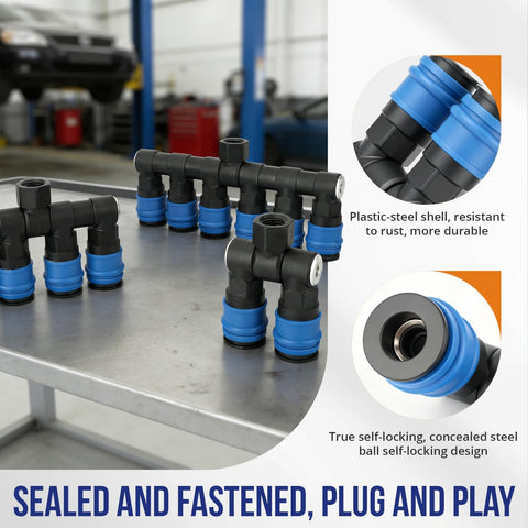 Two Way Air Hose Splitter For Compressors One Quarter NPT Quick Connect Fittings displayed on a table in a workshop
