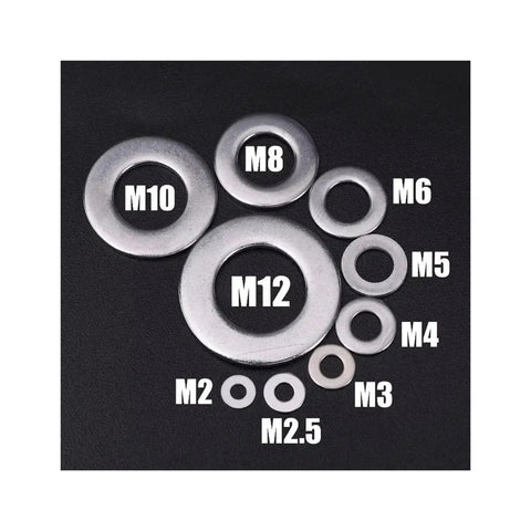 Assorted stainless steel washers from All In One Stainless Steel Washer And Fastener Assortment Kit 684 Piece Box with M2 to M12 sizes.