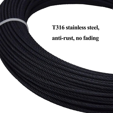 Black Stainless Steel Wire Rope Cable One Eighth Inch Seven By Seven Strand Construction For Black Cable Railing System 134 Feet Long With Hardware Kit Rustproof T316 Grade close-up showing wire texture and T316 anti-rust feature.