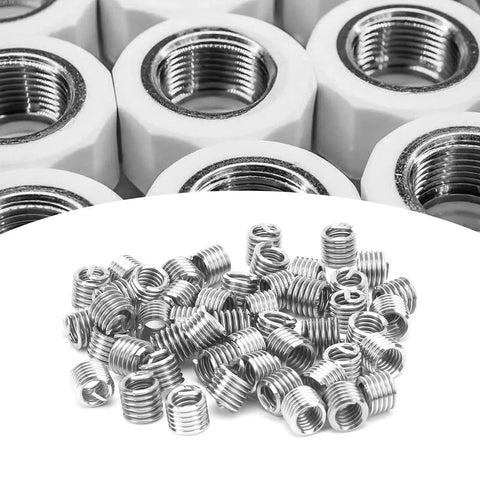 50Pcs Wire Thread Insert Kit 304 Stainless Steel NPT UNC Threads 1/4-20 Coiled Helical Sleeves displayed in piles on a table
