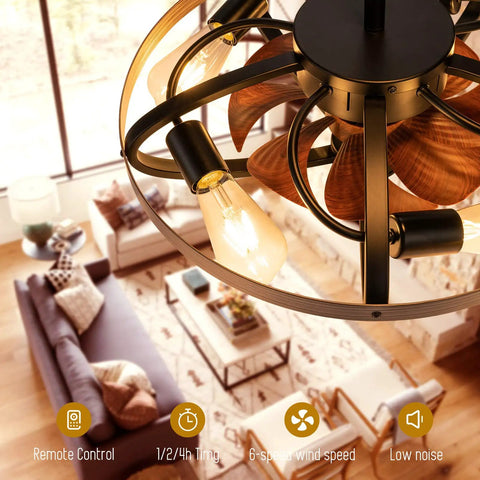20 Inch Farmhouse Caged Ceiling Fan With Lights And Remote, Low-Profile Black Semi-Flush Mount, Rustic Style, Living Room
