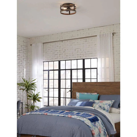 Gulliver Collection 2-Light Weathered Gray Farmhouse Flush Mount Ceiling Light With Open Cage Frame in bedroom setting