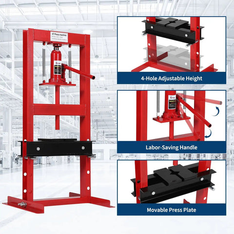 6 Ton Hydraulic Shop Press With Stamping Plates Four Hole Adjustable Height H Frame Dust Cover For Auto Repair And Metalworking Garage Use Red And Black Finish