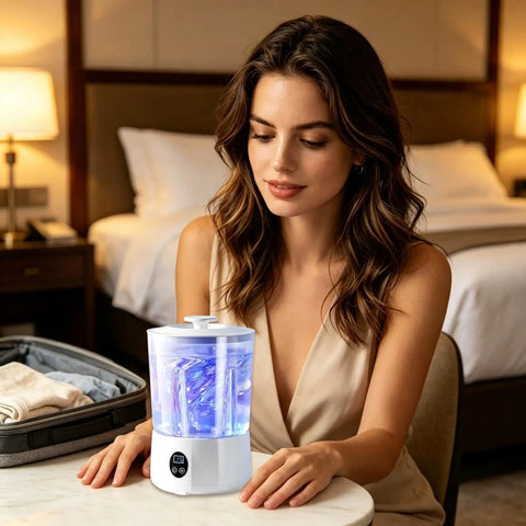 Slick Portable Mini Washing Machine For Underwear And Socks Featuring Three Gentle Wash Programs in hotel room.