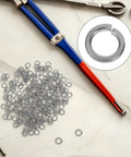 Stainless Steel Spring Lock Washers And Circular Flat Washers Set 200 Pieces With Enhanced Grip displayed with tools on marble surface
