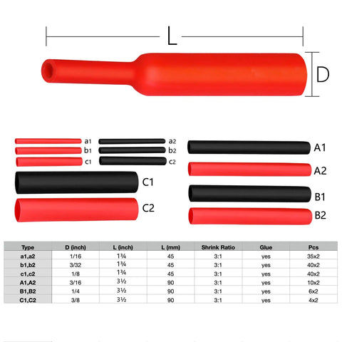 Waterproof Heat Shrink Tubing Kit With 270 Pieces, 6 Sizes, 2 Colors, size chart detailing dimensions and quantities.