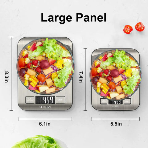 Two No Fuss Digital Kitchen Scales with 33 Pound Capacity 1 Gram Precision Stainless Steel Surface next to salads