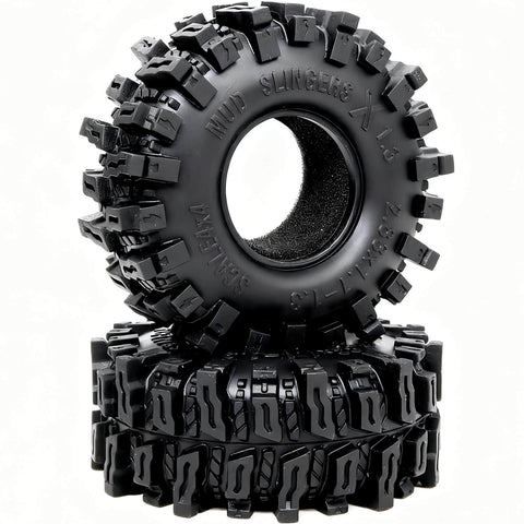 1.3 Inch RC Crawler Tires Mud Slingers X Soft Sticky Compound For 1/24 And 1/18 Scale Rigs, stacked and side view