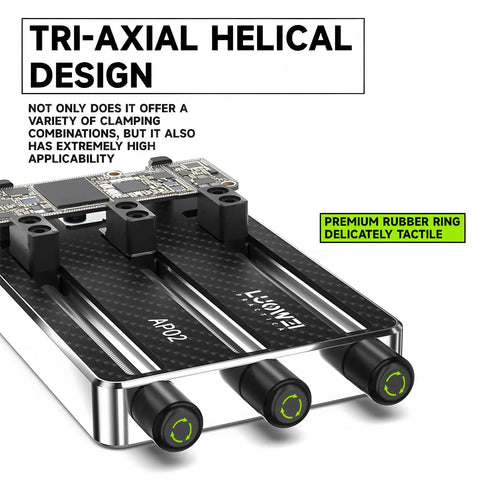 Rock Solid Carbon Fiber Motherboard Fixture Featuring Smooth Triaxial Screw Rods And A Hassle Free Universal Repair Clamp built for easy BGA soldering jobs up close showing tri-axial design and rubber rings.