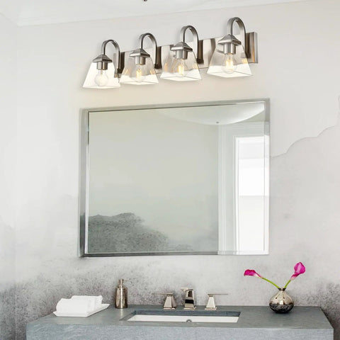 32 Inch Vanity Light Fixture Brushed Nickel Wall Sconce With Clear Glass Shades Vintage Farmhouse Bathroom Lighting Four Light Mount For Mirror And Vanity