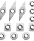 12 Piece Tungsten Carbide Cutter Inserts Set For Wood Lathe Turning Tools Including 11 mm Square Radius, 12 mm Round, 8.9 mm Round, And 3x1 Cm Diamond Point For Beginners Replacement Kit; displayed four diamond, four square, and four round inserts