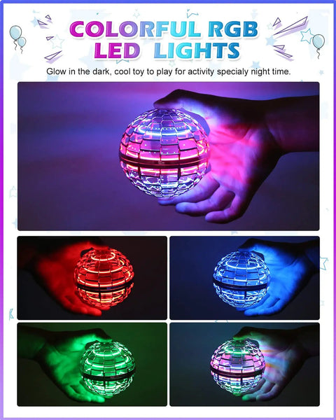 Hand Controlled Flying Orb With Lights Boomerang Drone For Kids Indoor Outdoor Fun, glowing with colorful RGB lights in hand