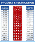 Wall Mounted Stainless Steel Thread Gauge Kit With Inch And Metric Sizes, 30 Nut And Bolt Thread Checker, 15 Standard And 15 Metric, Quick Read Bolt Size Finder For Home Workshop Great For Diyers, red product spec chart