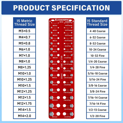Wall Mounted Stainless Steel Thread Gauge Kit With Inch And Metric Sizes, 30 Nut And Bolt Thread Checker, 15 Standard And 15 Metric, Quick Read Bolt Size Finder For Home Workshop Great For Diyers, red product spec chart