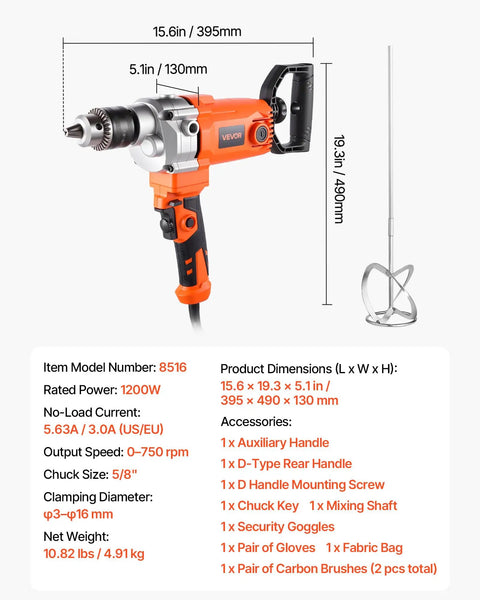 Corded Drill Mixer With 1200W Motor, Five Eighth Inch Chuck, 0 To 750 RPM, Handheld Cement Mixer With D Handle, shown with dimensions and accessories.