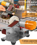Hardcore Mini Belt Sander Workhorse Featuring Seven Variable Speed Controls, All Copper Motor Bench Grinder, Dual Function Polisher And Knife Sharpener tool and knife sharpener with adjustable speed and 15-degree angle.