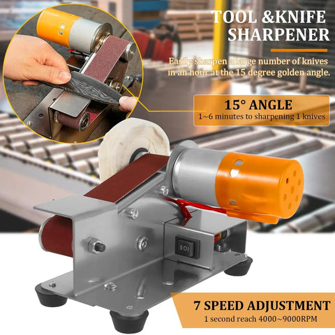Hardcore Mini Belt Sander Workhorse Featuring Seven Variable Speed Controls, All Copper Motor Bench Grinder, Dual Function Polisher And Knife Sharpener tool and knife sharpener with adjustable speed and 15-degree angle.