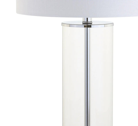 Clear Chrome Modern Glass Table Lamp For Living Room And Bedroom Slick Minimalist Nightstand Bedside Light With White Linen Drum Shade LED Bulb Included ETL Listed For Safe Clean Look