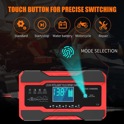 All In One 10 Amp 12V 24V Smart Battery Charger Maintainer Trickle Charger And Desulfator with touch button interface