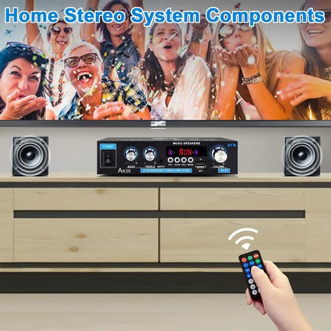 Compact Stereo Amplifier With Bluetooth 5.0 And 2 Channel Output for home audio with visible remote control and speakers