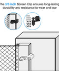 3/8 inch Window Screen Clip shown securing a screen, highlighting durable diecast material, ideal for sliding glass doors.