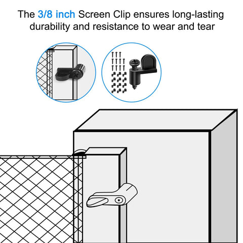 3/8 inch Window Screen Clip shown securing a screen, highlighting durable diecast material, ideal for sliding glass doors.