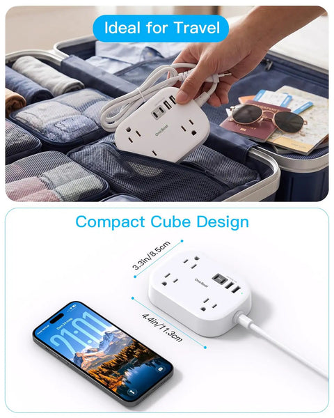 US To European Travel Plug Adapter With 3 Foot Extension Cord Type C E F Power Converter Game Changer For Cruise Cabins Hotel Rooms And Dorms on suitcase.
