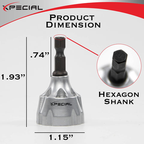 Front view of deburring external chamfer tool with hex shank and tungsten carbide blade; fits 1/8-3/4 in