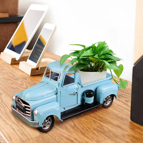 Retro Blue And Red Pickup Truck Decor For Garden And Tabletop Vintage Farmhouse Metal Planter And Storage Truck Perfect Fall Desk Centerpiece
