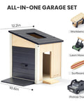 Wooden Dollhouse Garage Set With Workbench, Lawn Mower And SUV Car, Realistic Pretend Play Furniture For Kids dimensions and contents