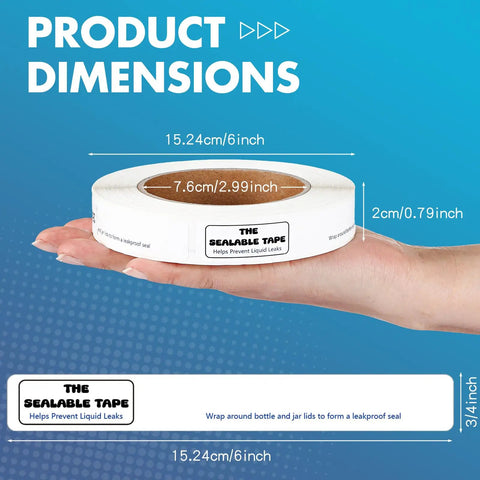 Seal Tape Roll Three Quarter Inch By Six Inch With 250 Waterproof Labels for leakproof seals on bottles jars and lids, handheld view.