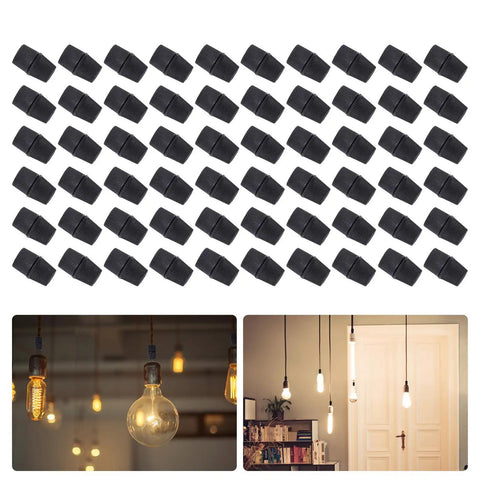 100-Piece Plastic Cable Gland Kit For DIY Hanging Lights And Ceiling Installations, shown with black cable grips and hanging light examples