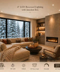 LOG BARN 4 Inch LED Recessed Lighting with Junction Box, 3CCT 3000K/4000K/5000K Selectable, warm light in cozy living room.