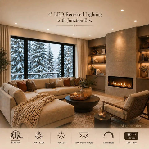 LOG BARN 4 Inch LED Recessed Lighting with Junction Box, 3CCT 3000K/4000K/5000K Selectable, warm light in cozy living room.