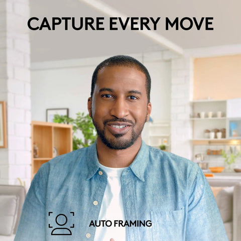Legit Full HD 1080p Business Webcam With Auto Light Correction Smooth Remote Setup certified for virtual meets showing a smiling man.