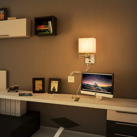 Dimmable Wall Sconce With Swing Arm 7.1 Inch Reading Light Plug In Wall Lamp With Dual USB Ports on study wall