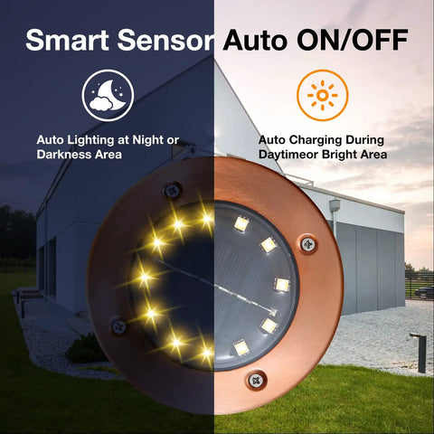 Bronze Solar In Ground Disc Lights 8 Pack For Pathway Garden Yard Patio Walkway showing smart sensor auto on/off feature
